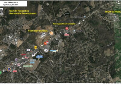 A satellite image map of the businesses along Main Street in Spartanburg, South Carolina.
